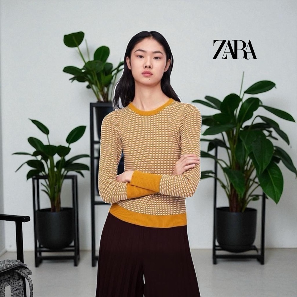 ZARA Knit, Sweater Textured Weave, XS, Yellow, Red, White